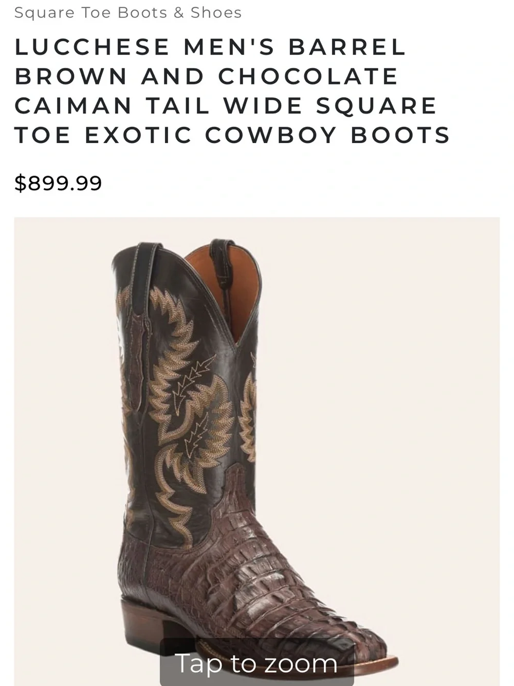 LUCCHESE MEN'S BARREL BROWN AND CHOCOLATE CAIMAN TAIL WIDE SQUARE TOE EXOTIC